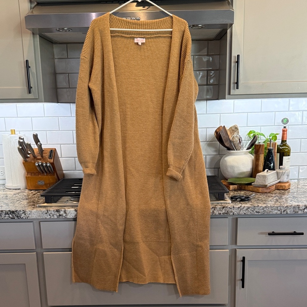 Pink Lily Camel Open Front Cardigan